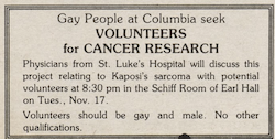 Gay People at Columbia seek Volunteers for Cancer Research