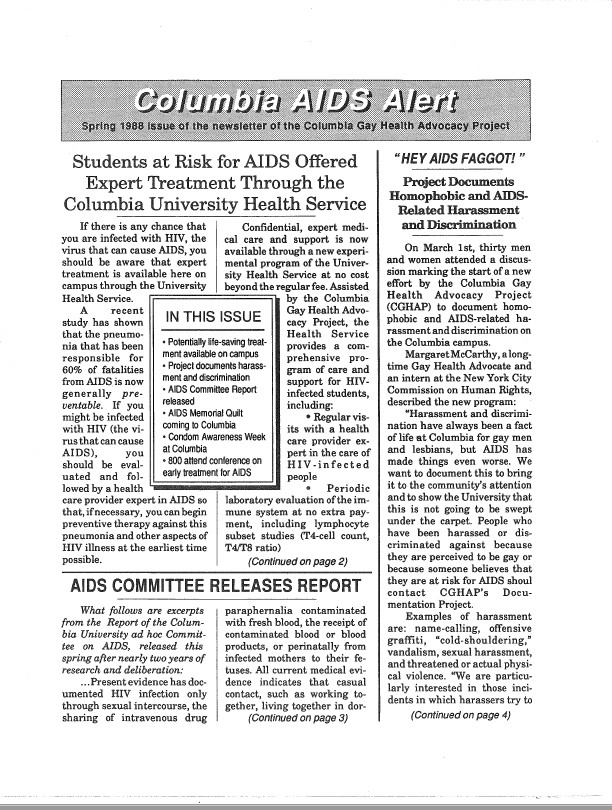 Columbia AIDS Alert Newsletter - Spring, 1988