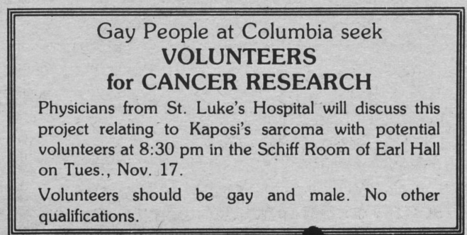 Ad from the Columbia Spectator in 1985 looking for volunteers for cancer research, specifically Kaposi's sarcoma.