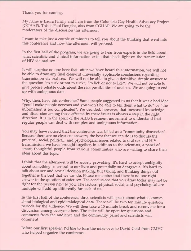 Laura Pinsky's notes for the Oral Sex Conference