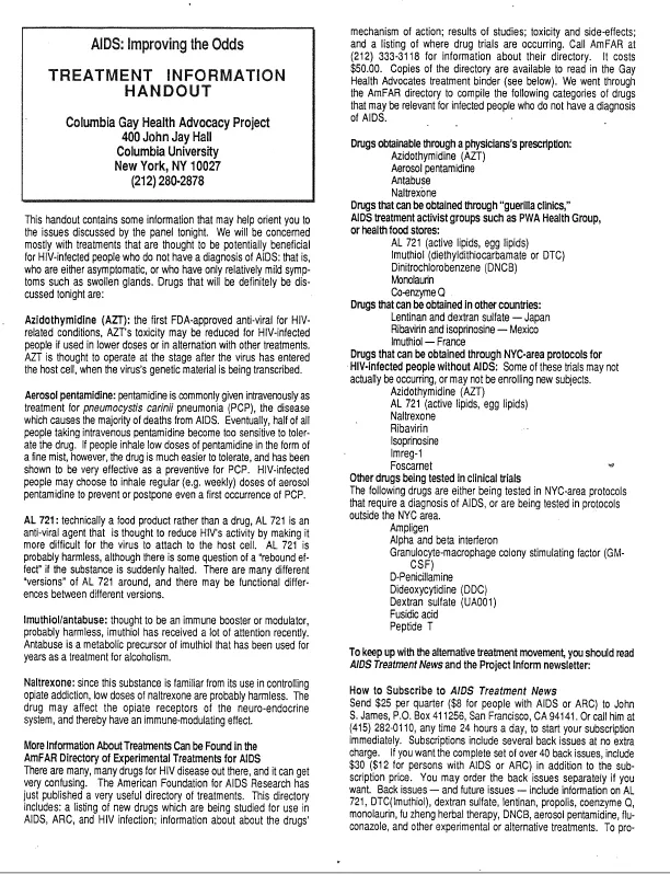 "AIDS: Improving the Odds" treatment information handout