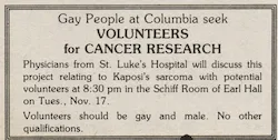 Gay People at Columbia seek Volunteers for Cancer Research
